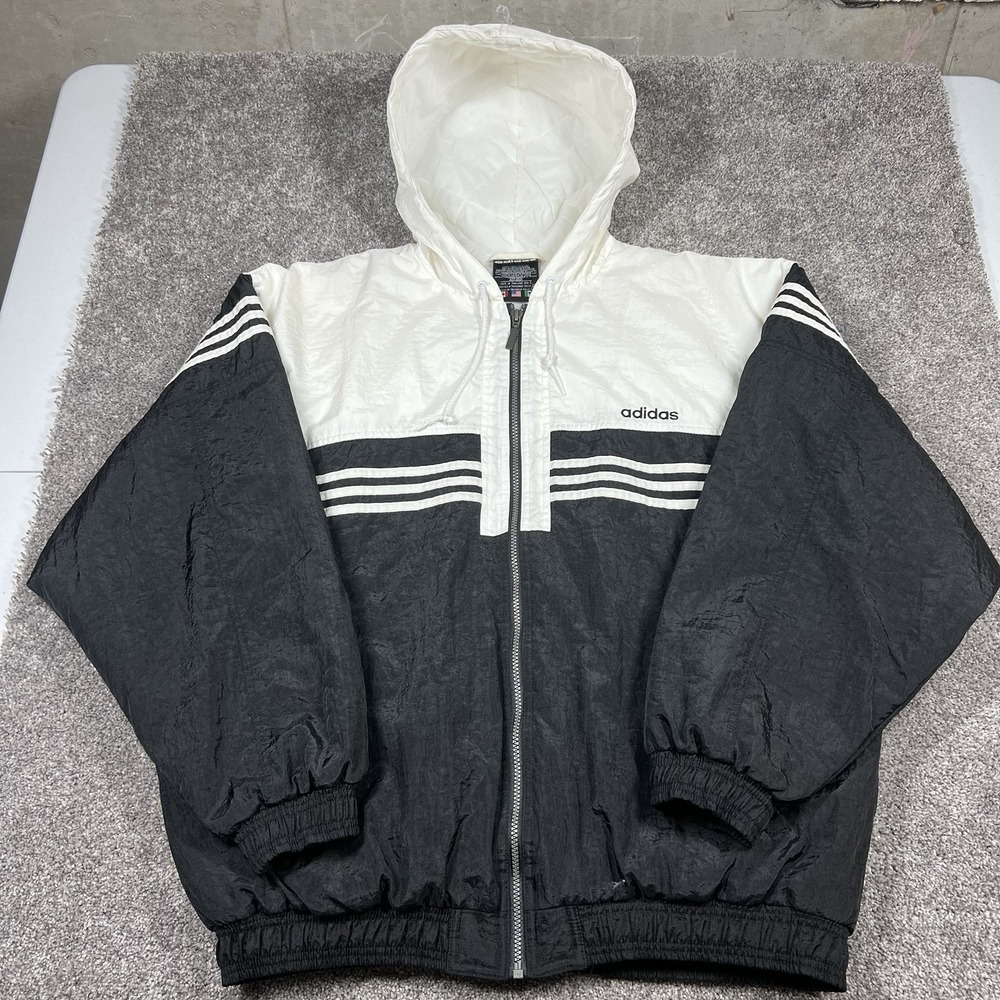 Vintage 90s Adidas Big Logo Puffer Hooded Nylon Jacket Size Large Track Soccer